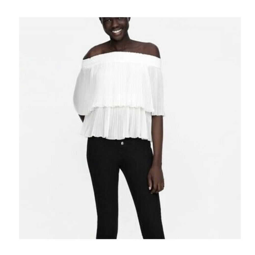 Zara White Ruffle Strapless Pleated Blouse | XS